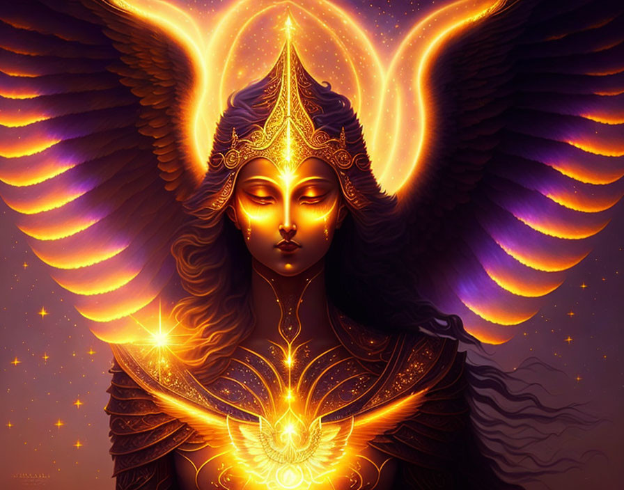 Winged deity with closed eyes and golden aura in mystical illustration