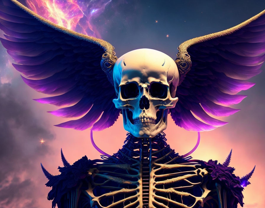 Stylized digital artwork of skeletal figure with purple wings in cosmic setting