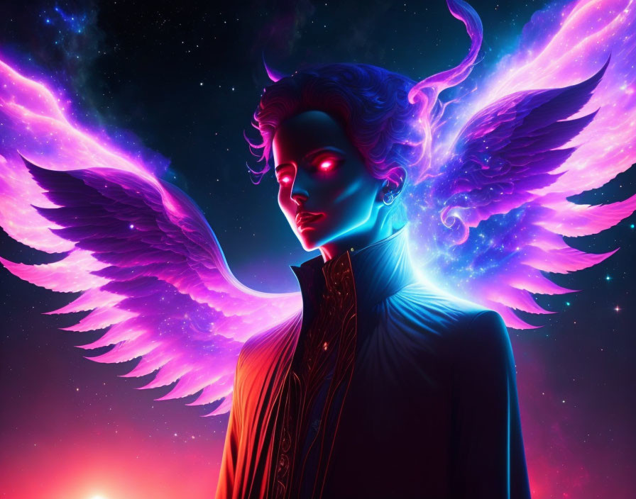 Colorful Stylized Character with Glowing Red Eyes and Angelic Wings in Cosmic Setting