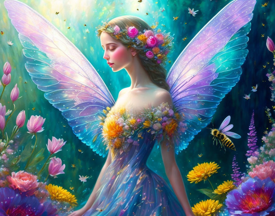 Enchanting fairy with translucent wings in vibrant floral setting