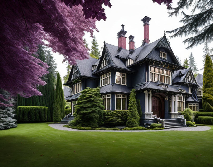 Victorian-style house with dark blue exterior and multiple chimneys in landscaped setting