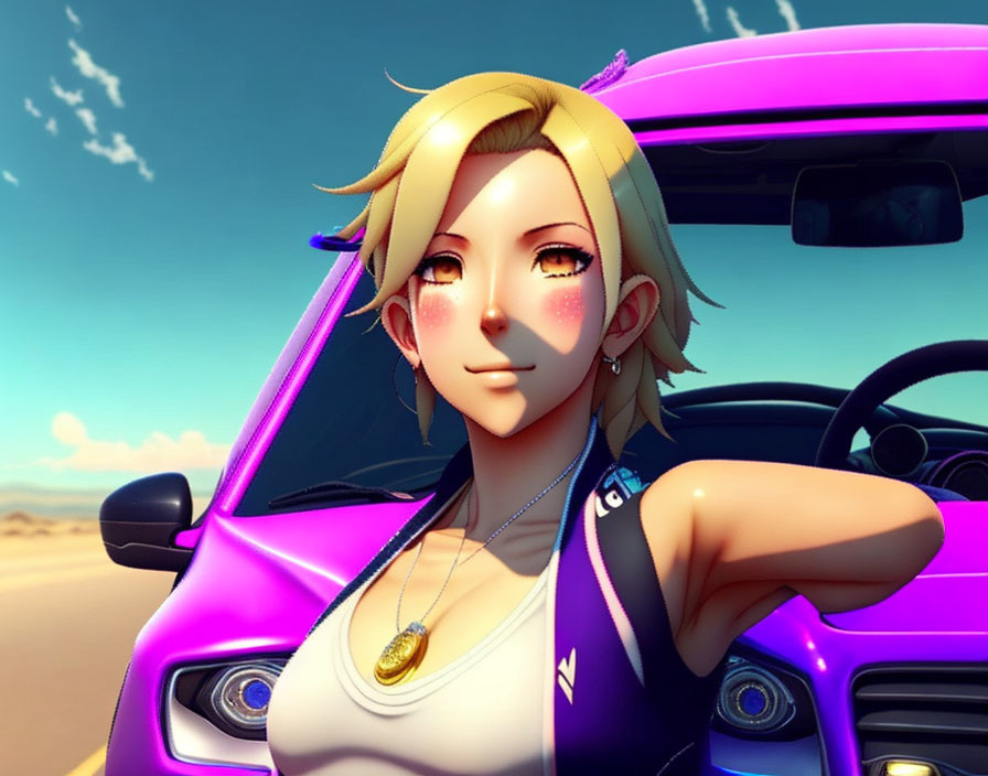 Blonde female character with pendant smiles by purple car in desert