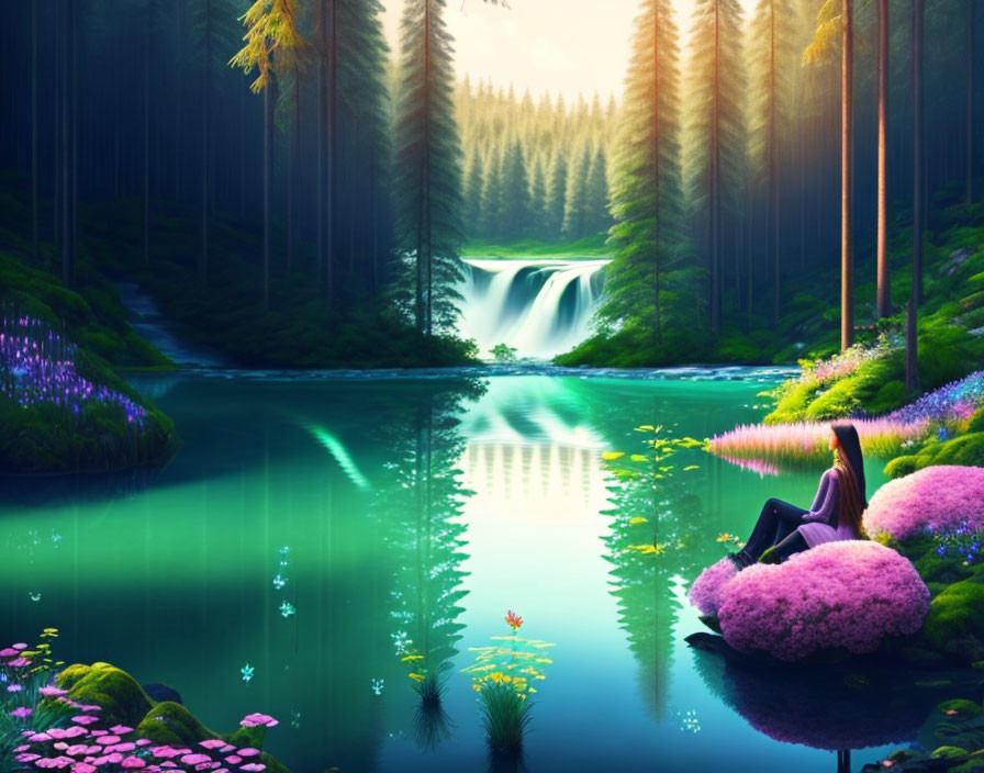 Tranquil forest lake with person on pink bush, reflecting trees & waterfall