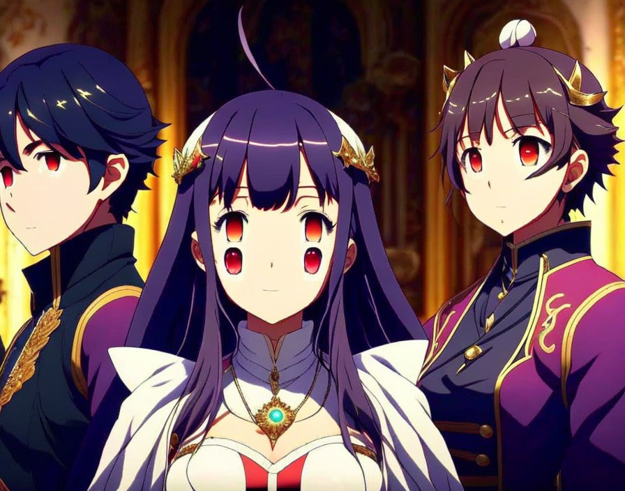 Animated royal characters: 2 females with purple hair, tiara, and a male with navy hair