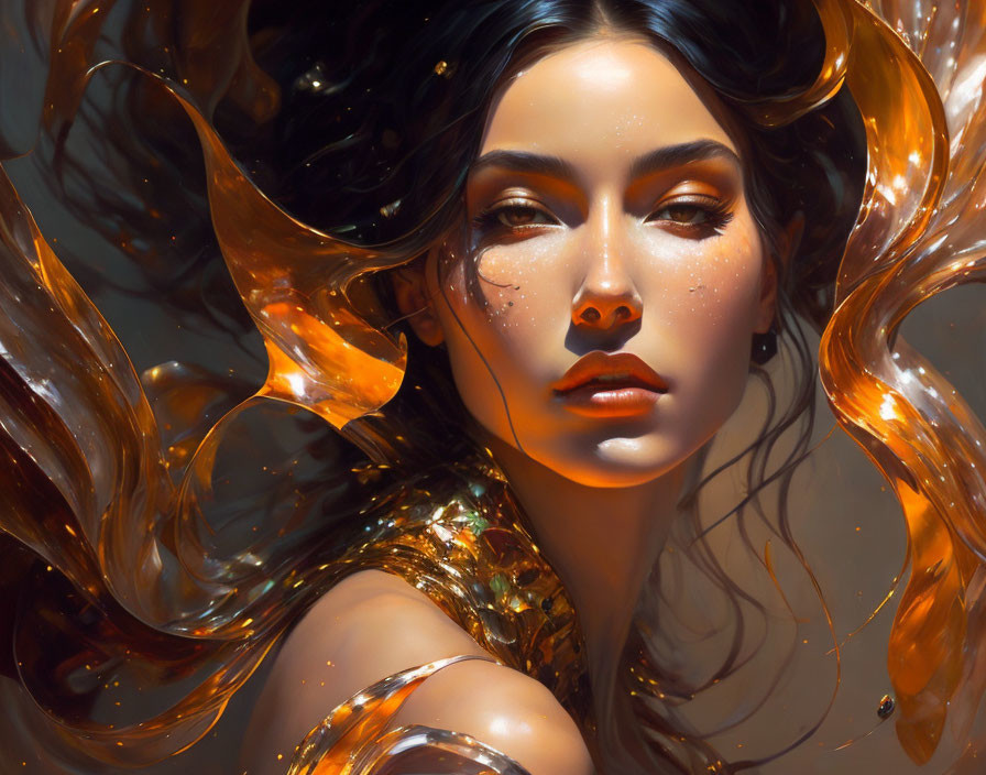 Digital portrait of a woman with flowing hair and golden elements under ambient light.