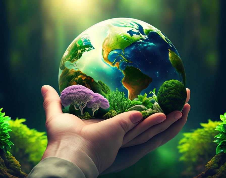 Vibrant miniature Earth with day-night division cradled by hands