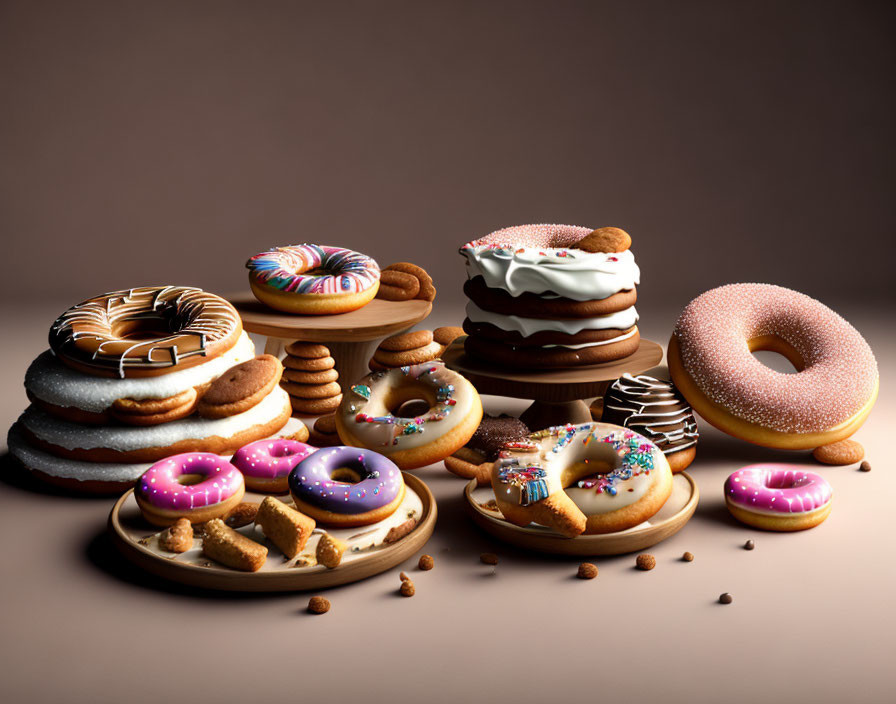 Assorted Decorated Doughnuts and Cookies on Beige Surface with Nuts