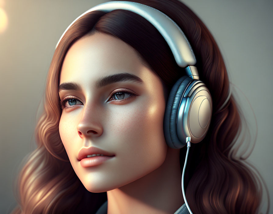 3D-rendered image of woman with headphones and detailed textures