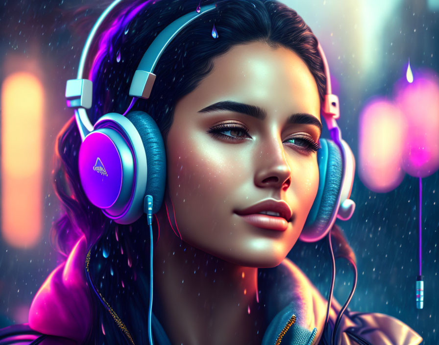 Digital Artwork: Woman with Headphones in Neon Colors