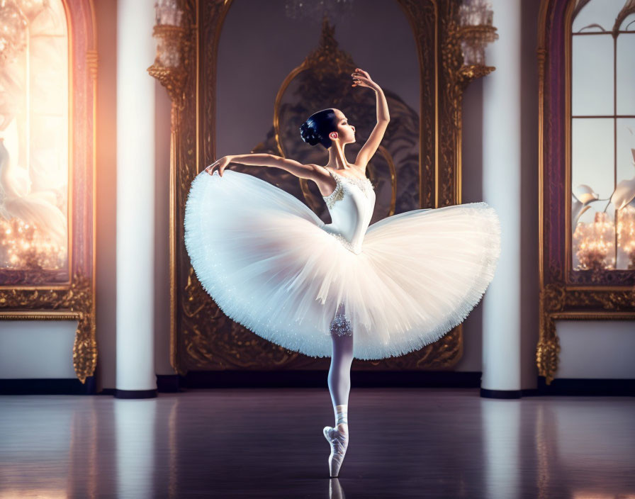 Elegant ballerina in white tutu dancing in ornate room