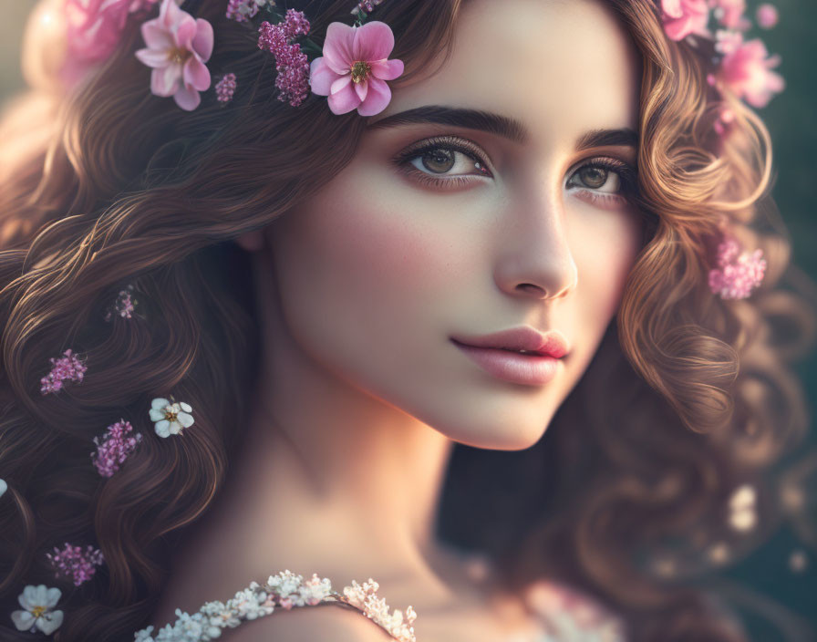 Detailed digital portrait of woman with curly hair and flowers on blurred background