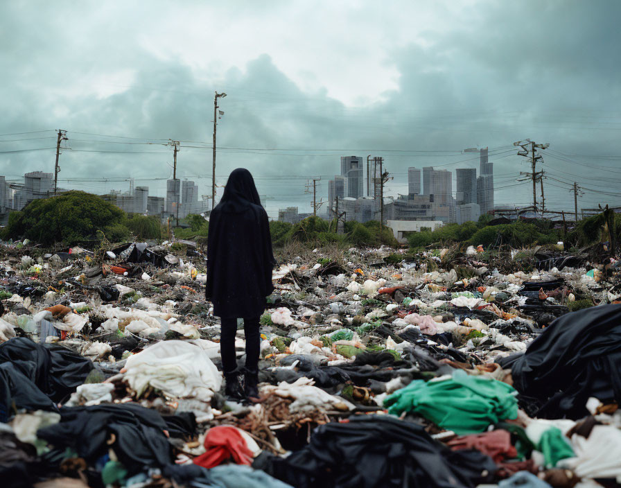 Figure in black amidst landfill with scattered trash, stormy sky, and distant city skyline.