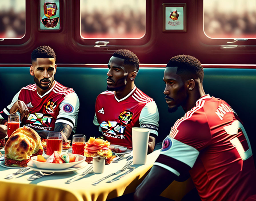 Three football players in red jerseys at vintage table with bread and fruit