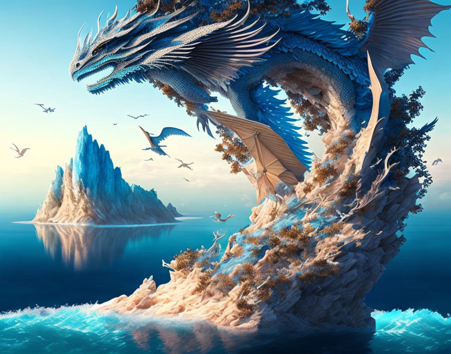 Blue dragon flying over ocean near iceberg with seagulls in serene landscape