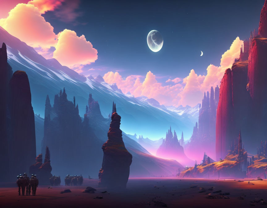 Fantastical landscape with towering rock formations and moonrise.