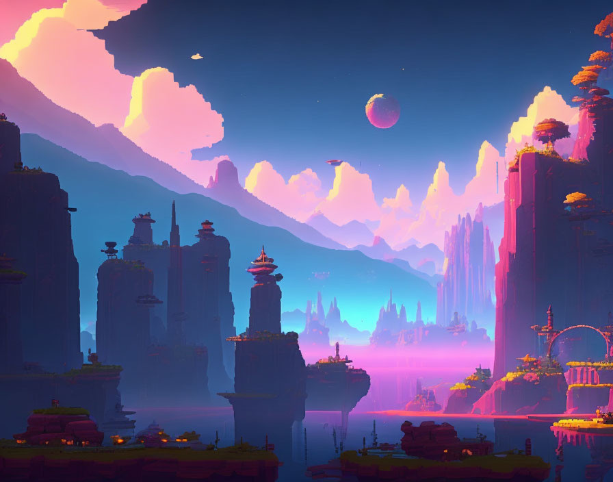 Fantastical landscape with rock pillars, futuristic buildings, pink and blue sky