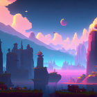 Fantastical landscape with towering rock formations and moonrise.