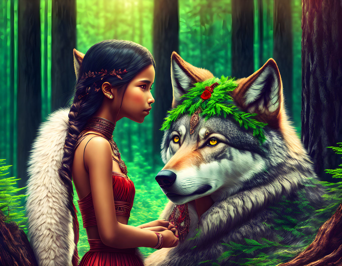 Young girl in red dress gazes at majestic wolf in forest setting