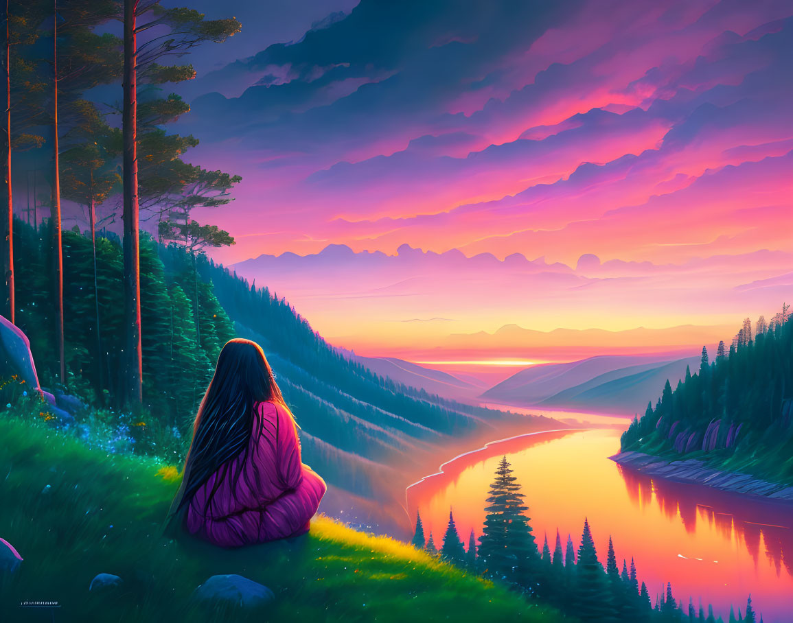 Person in pink jacket admires vibrant sunset over forested valley with winding river