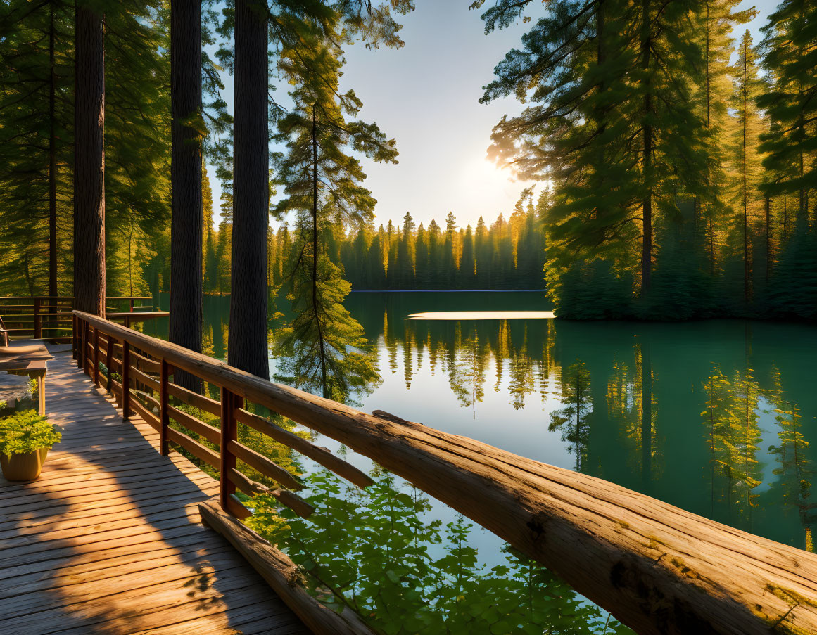 Tranquil lake scene with wooden deck, green trees, vivid sunrise