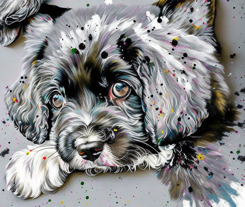 Colorful Dog Artwork with Expressive Eyes and Abstract Elements