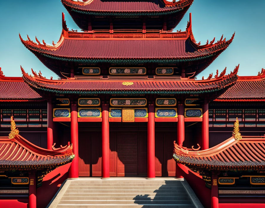 Traditional Chinese Temple with Red and Gold Designs and Tiered Roofs