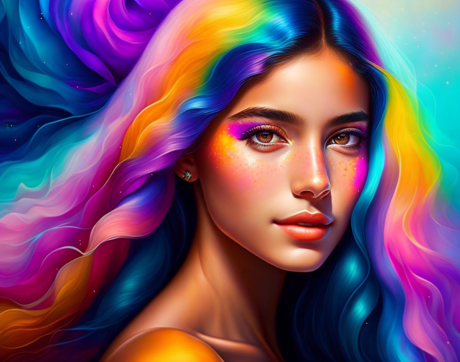 Vibrant multicolored hair and galaxy-inspired makeup portrait.