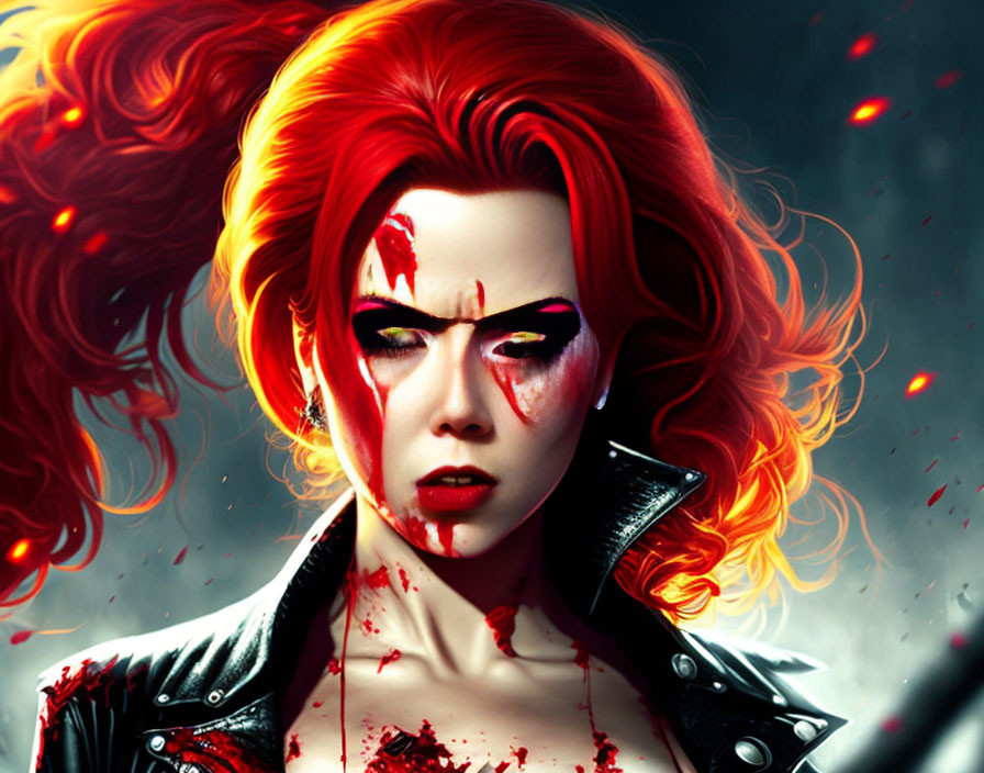 Red-haired woman with dramatic mask-like mark and blood splatter on dark background