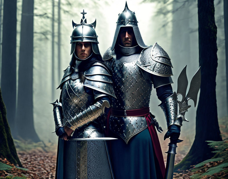 Two knights in full armor in misty forest with sword and shield.