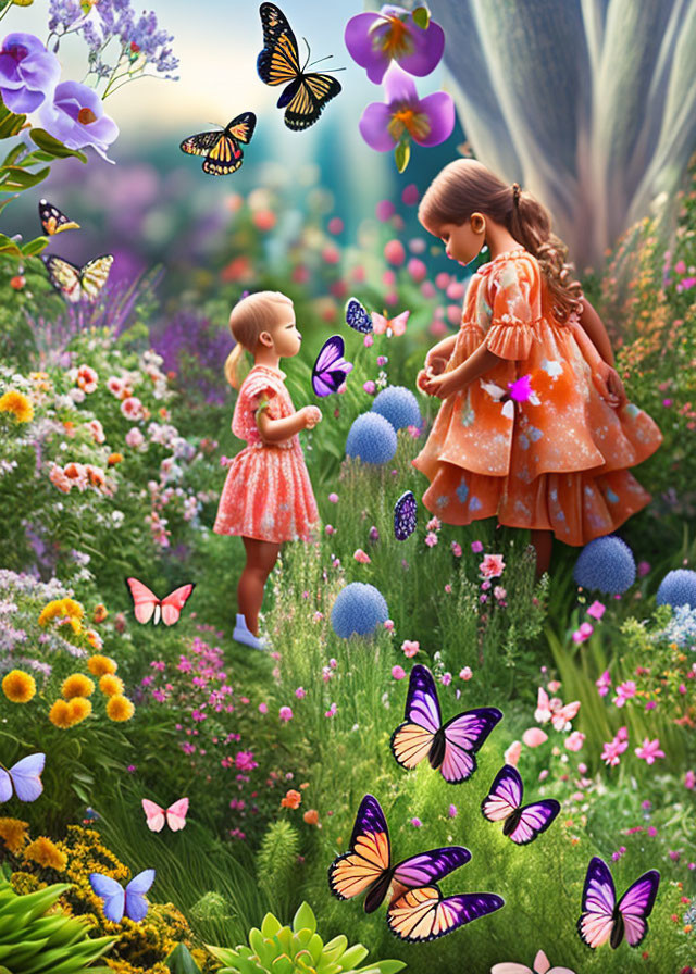 Two girls in orange dresses in vibrant garden with flowers and butterflies