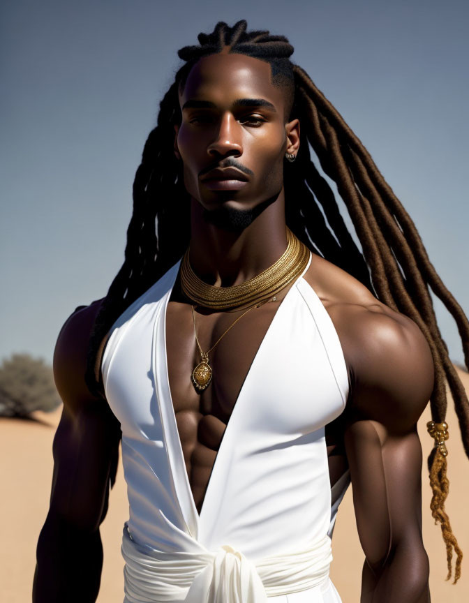 Man with dreadlocks in white draped top and gold necklaces in desert landscape