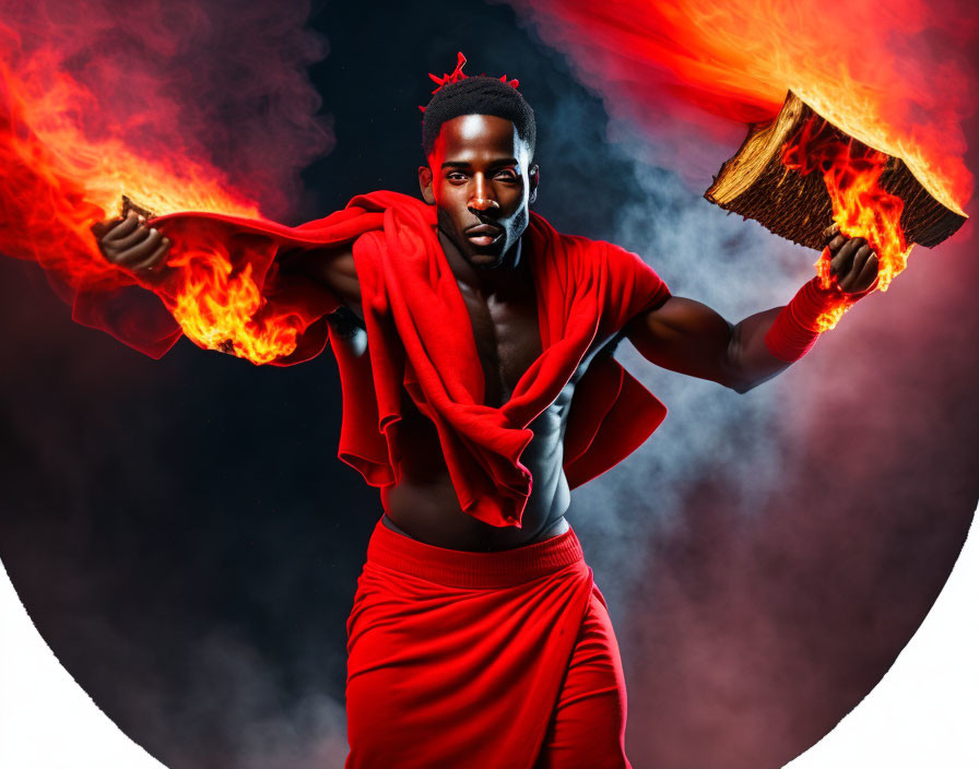 Man in Striking Red Clothing Holding Flaming Torch on Dark Background