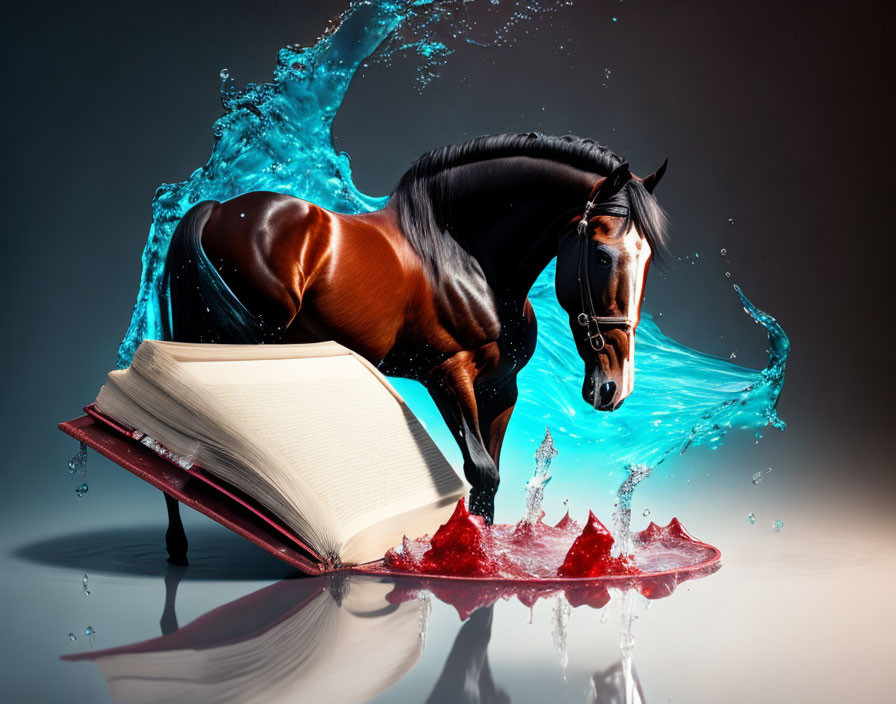 Horse figurine on open book with splashing blue water on reflective surface