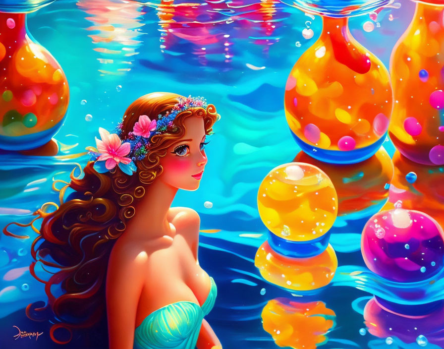 Colorful Mermaid Illustration with Brown Hair and Pink Flower in Underwater Scene