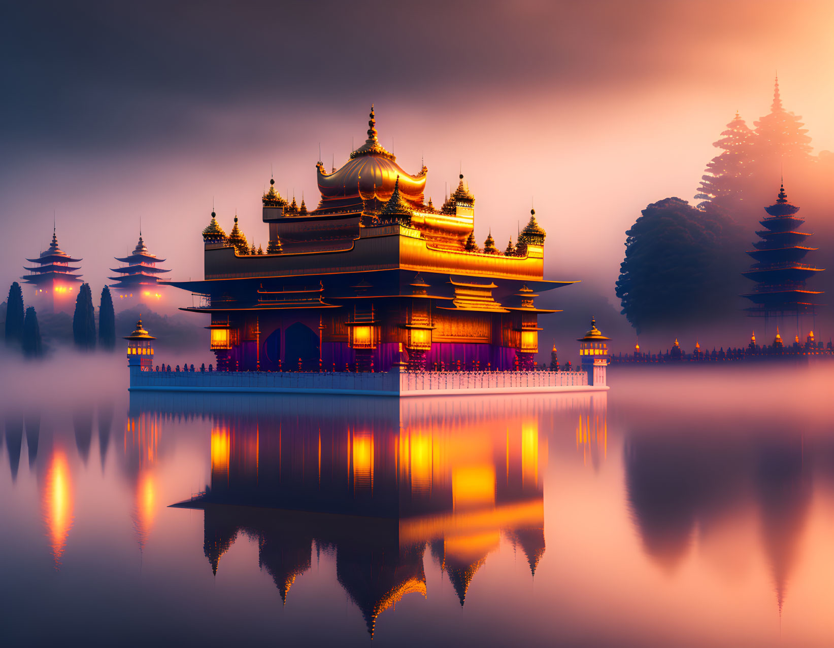 Traditional Asian Temple Floating Over Calm Waters at Sunset