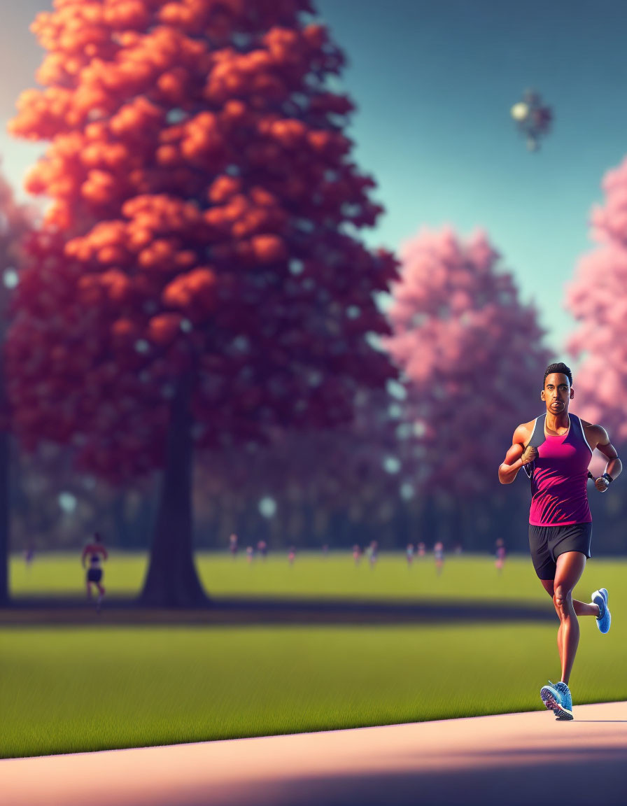 Woman jogging in park with autumn trees and runners in background