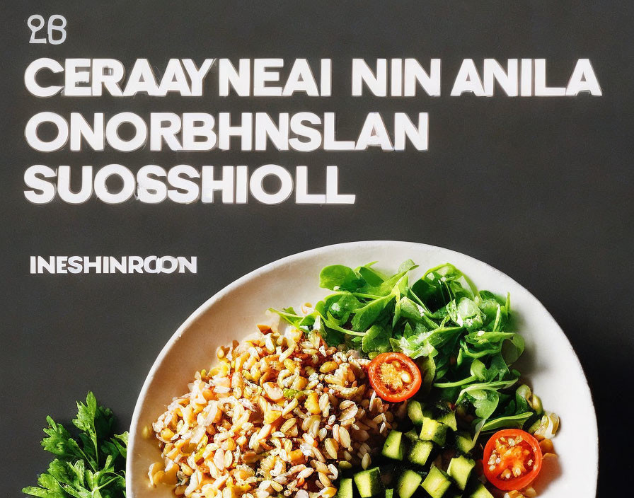 Nutritious grain bowl with fresh greens, zucchini, and tomato on white surface