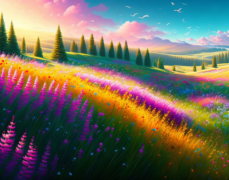 Colorful Meadow with Pine Trees and Birds in Dawn/Dusk Sky