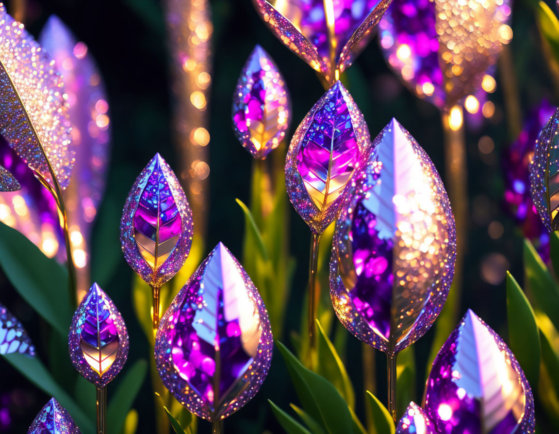 Sparkling artificial leaves on dark background: vibrant and magical