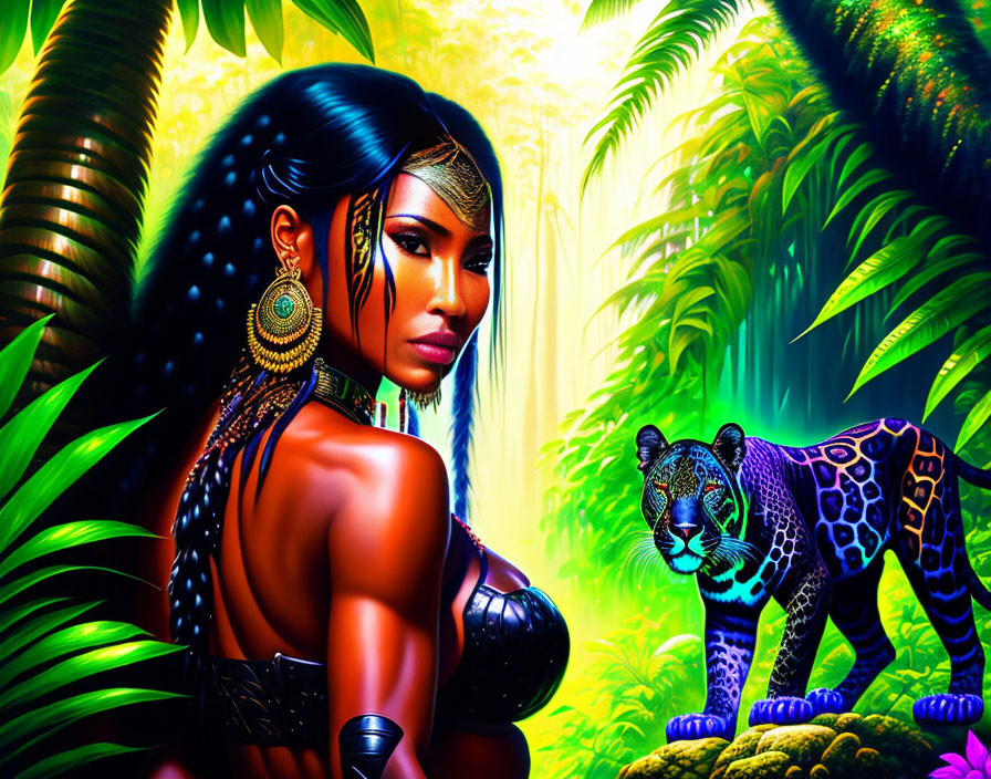 Colorful woman with tribal adornments and jaguar in lush jungle.