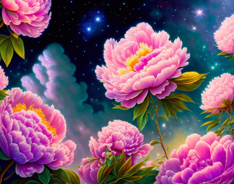 Colorful pink and purple peonies on starry night sky backdrop