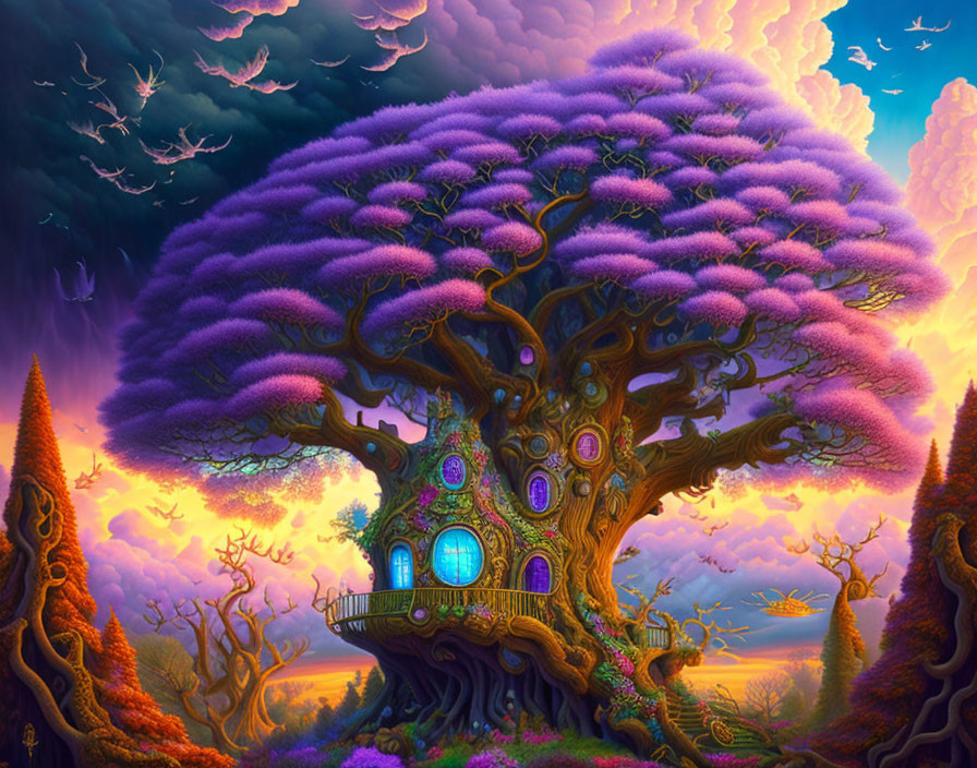 Fantasy illustration of grand tree with purple canopy, windows, balcony, sunset sky.