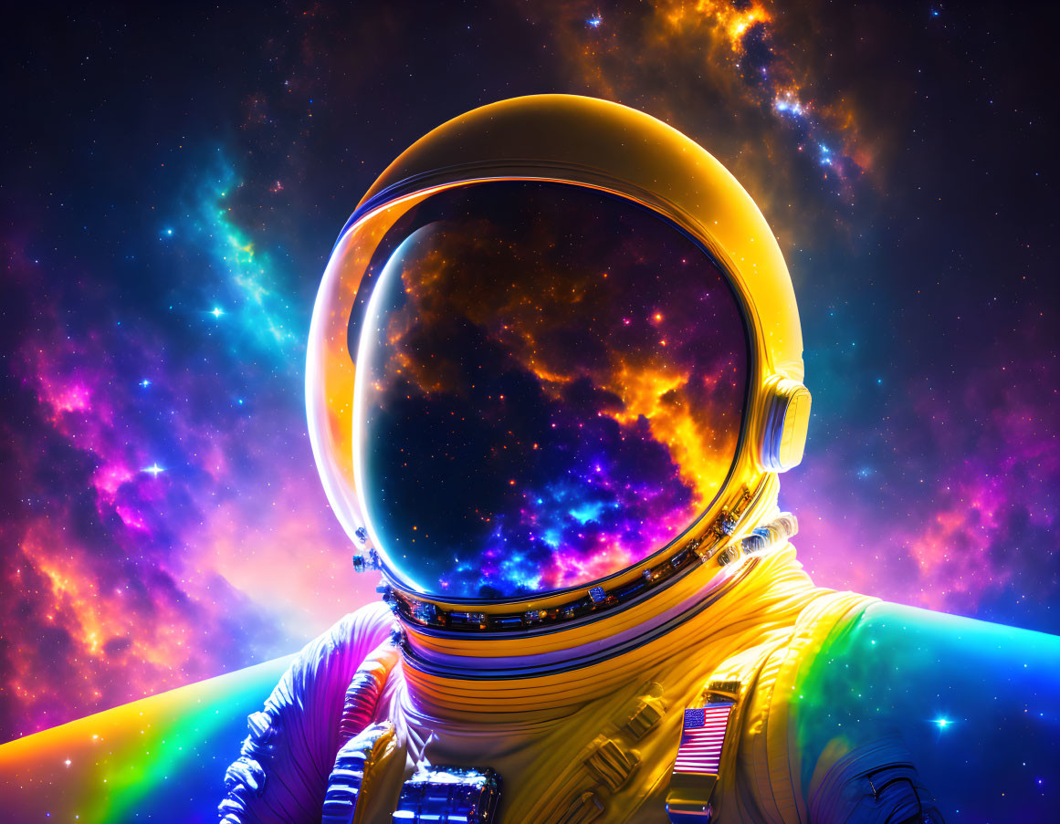 Astronaut's helmet and suit with vibrant nebula reflection in space