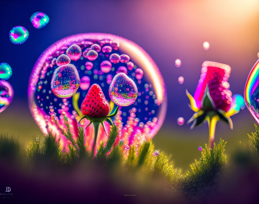 Colorful whimsical strawberry illustration in dreamlike meadow