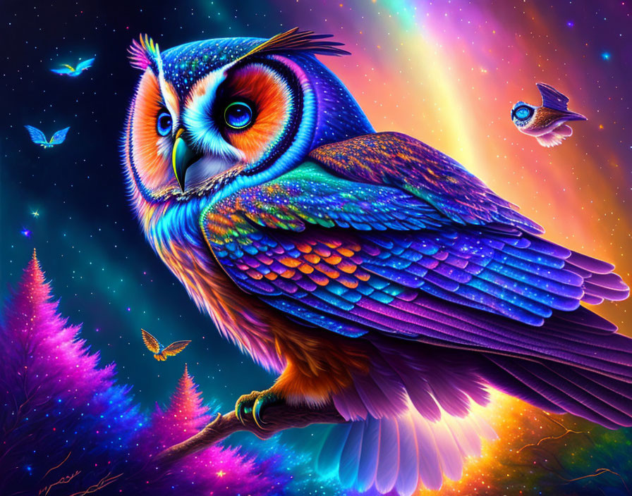 Colorful Owl on Branch with Cosmic Background and Butterflies