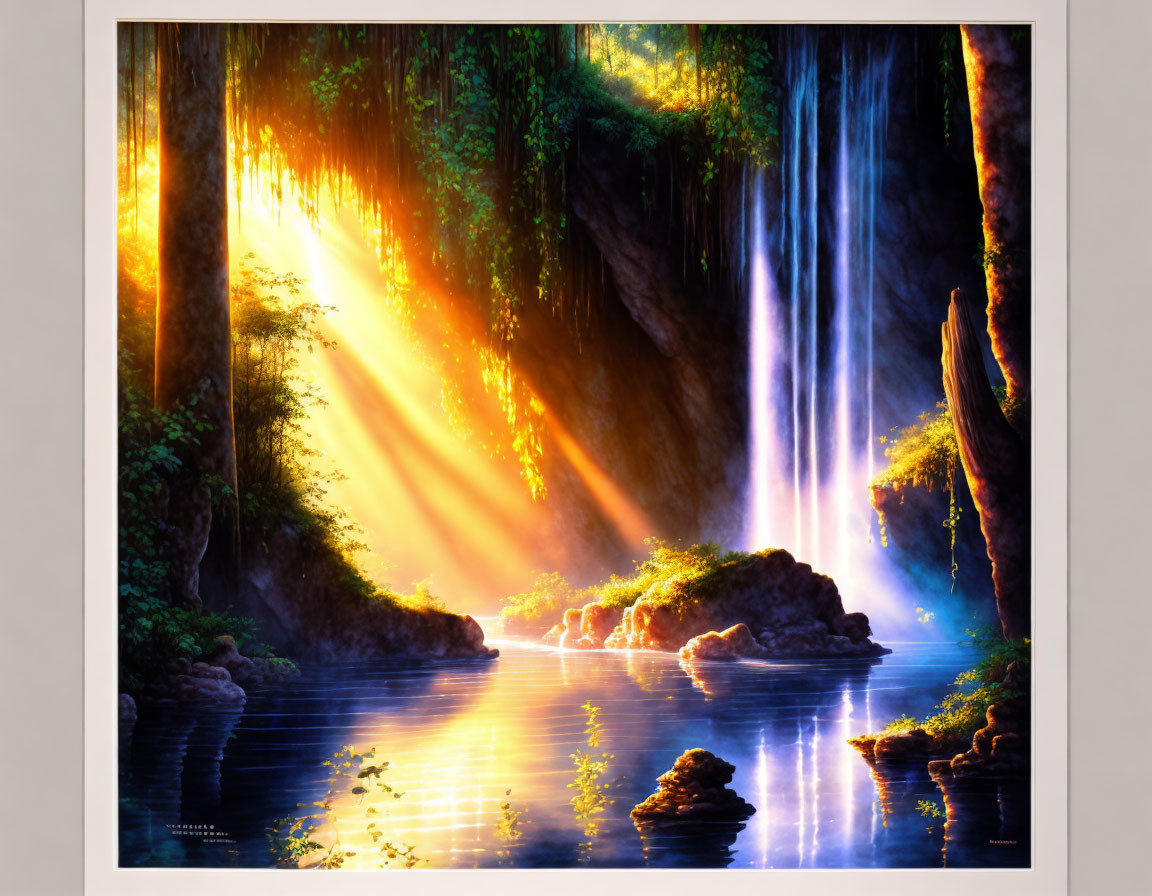 Misty waterfall with sunbeams in lush forest