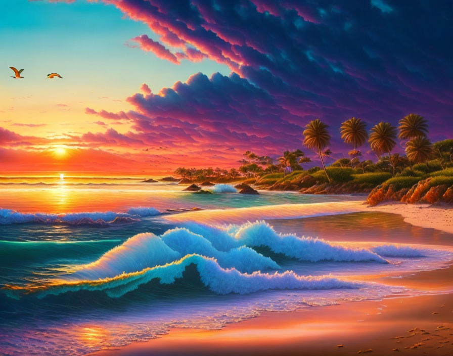 Tropical beach sunset with palm trees, waves, and colorful sky