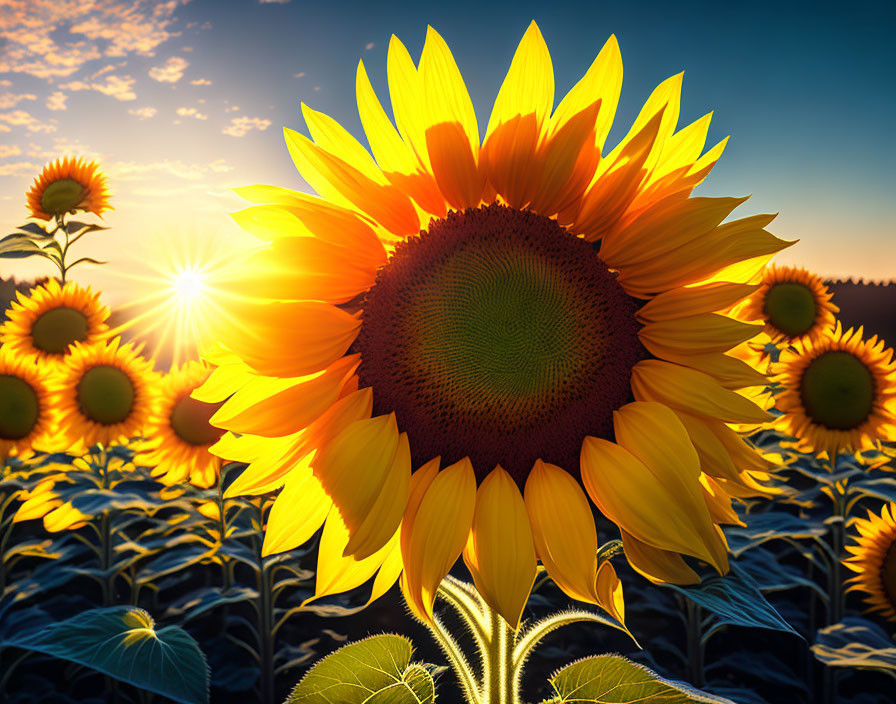 Sunflower in field at sunrise with gleaming rays