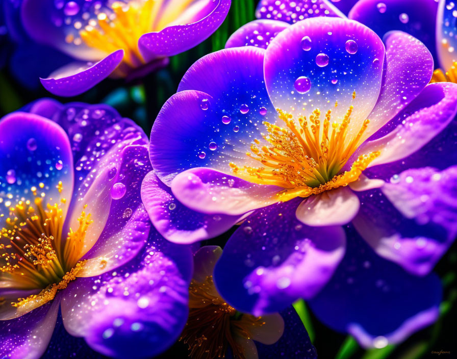 Vibrant Purple Flowers with Yellow Centers on Dark Green Background