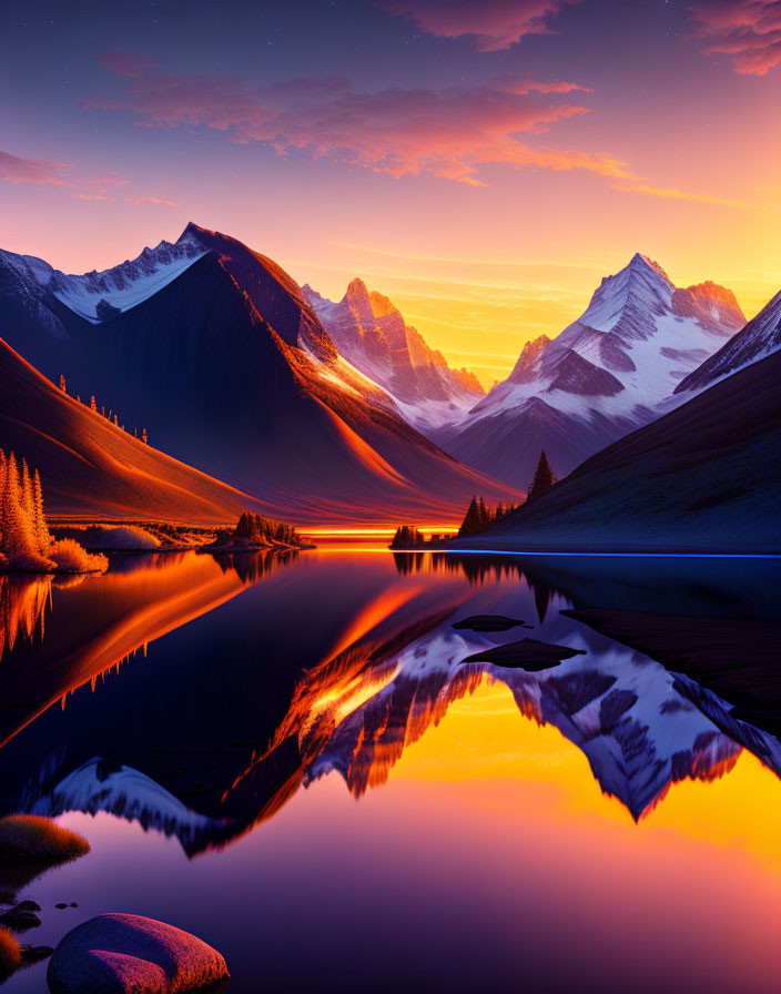 Scenic sunset over mountain lake with orange and blue hues